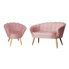 Kit Namoradeira + 1 Poltrona Decorativa Pétala Veludo Rosa Pés Madeira Ms Decor