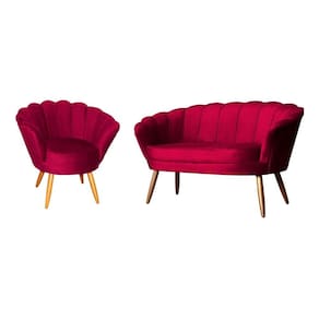 Kit Namoradeira + 1 Poltrona Decorativa Pétala Veludo Vermelho Pés Madeira Ms Decor