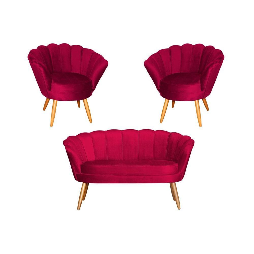 Kit Namoradeira + 2 Poltronas Decorativa Pétala Veludo Vermelho Pés Madeira Ms Decor