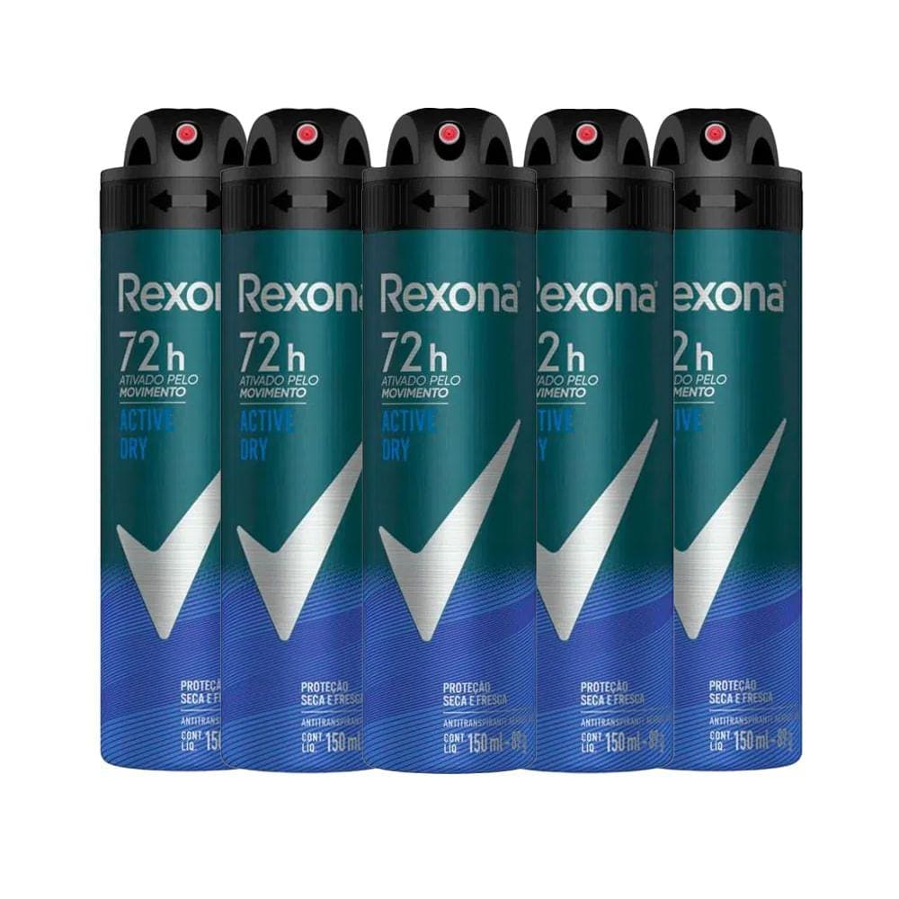Kit Desodorante Aerosol Rexona Active Dry Azul 150ml - 5 Unidades
