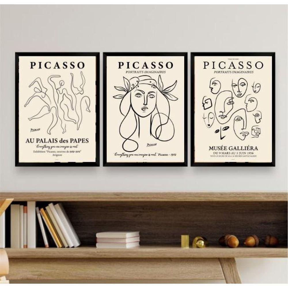 Kit 3 Quadros Picasso 45x34cm - Vidro e Moldura Branca