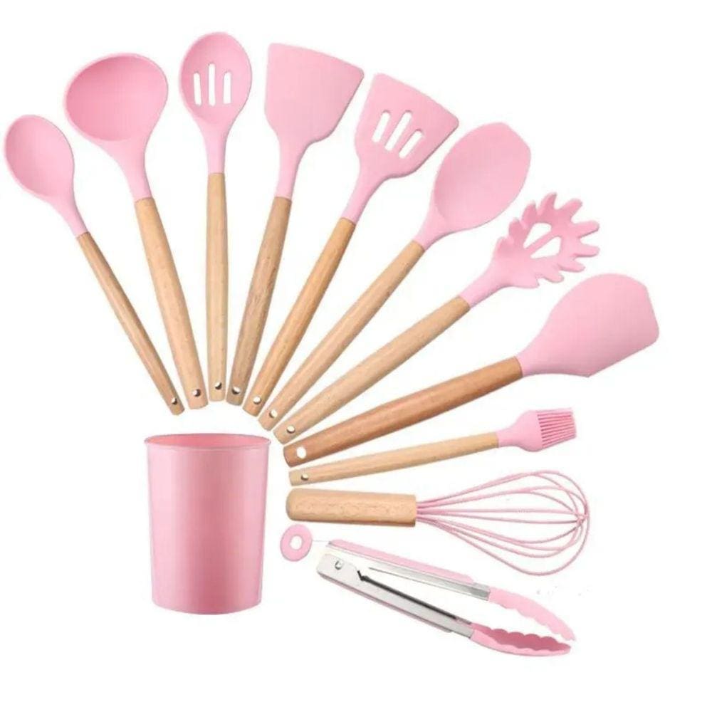 Utensilios De Silicone Com Cabo De Madeira Para Cozinha