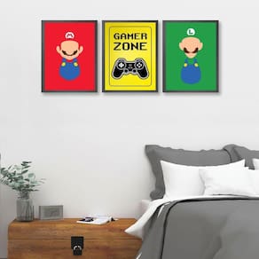 Kit 3 Quadros Gamer Zone 45x34cm - Vidro - Madeira Preta