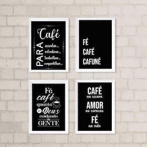 Kit 4 Quadros Cantinho do Café com Fé 45x34cm - com Vidro