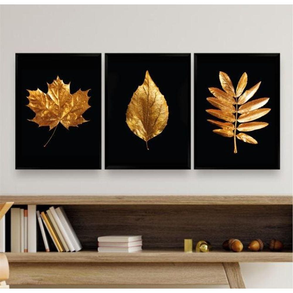 Kit 3 Quadros Folhas Douradas 33x24cm Moldura Preta
