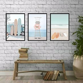 Kit 3 Quadros Fotos Praia Relax 24x18cm - Madeira Preta