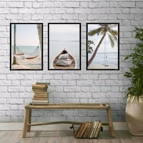 Kit 3 Quadros Praia Soft Relax 45x34cm - Madeira Preta