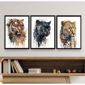 Quadros Felinos Aquarela Tigre Onça Pantera 45x34cm