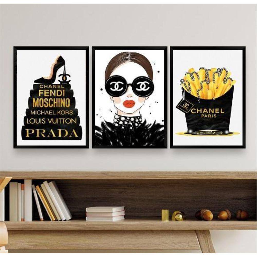 Kit 3 Quadros Fashion Marcas Famosas Mulher Livros 33x24cm