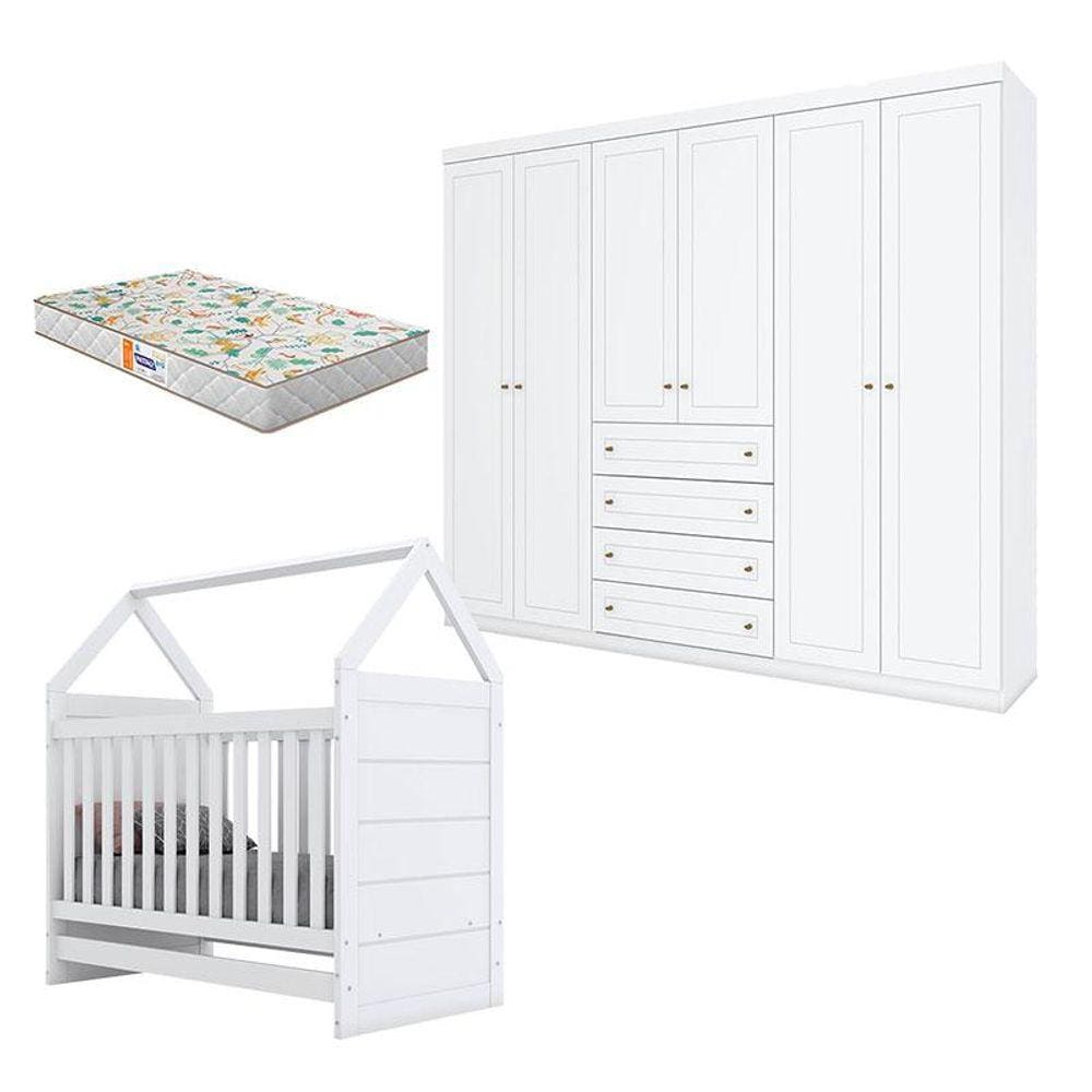 Berço Montessoriano e Guarda Roupa Infantil Mississipi 6 Portas Branco HP com Colchão Gazin - Henn