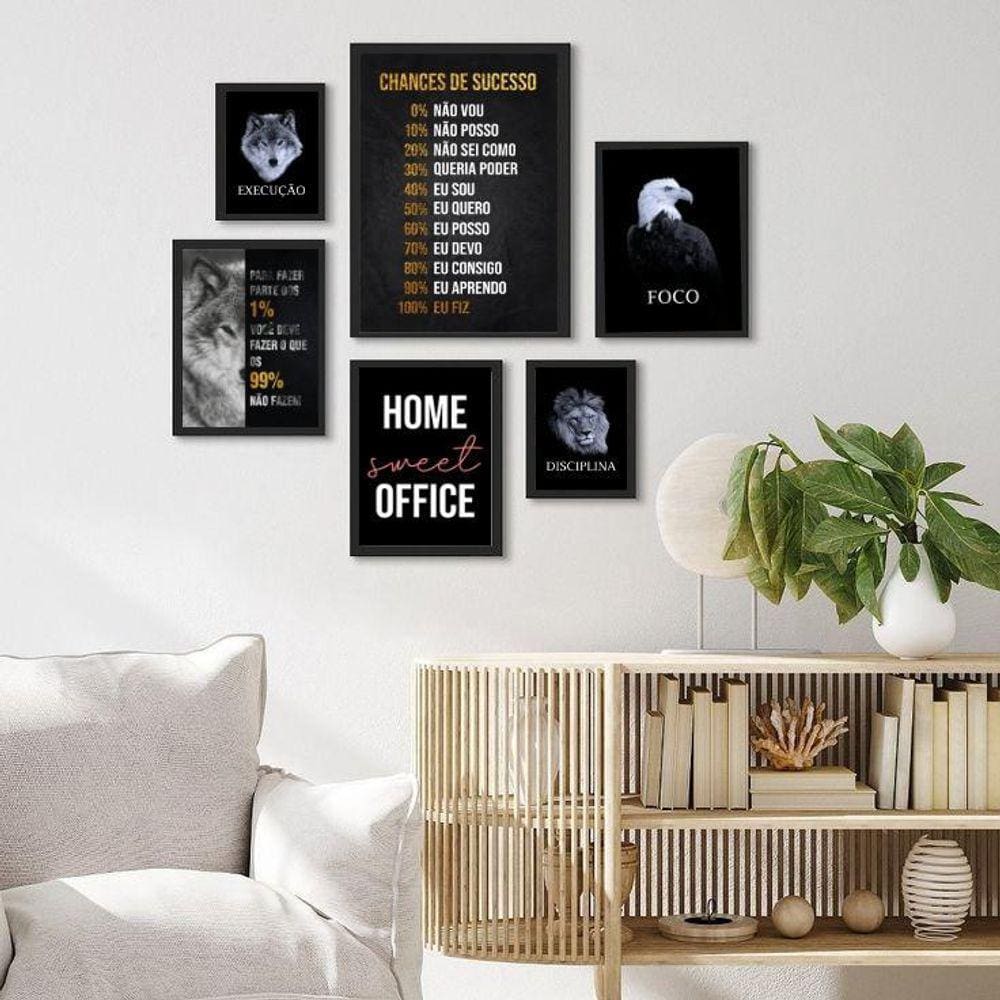 Kit 6 Quadros Motivacionais Home Office - Madeira Preta