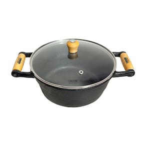 Panela Caçarola De Ferro Alça de Madeira C/ Tampa Vidro 22cm