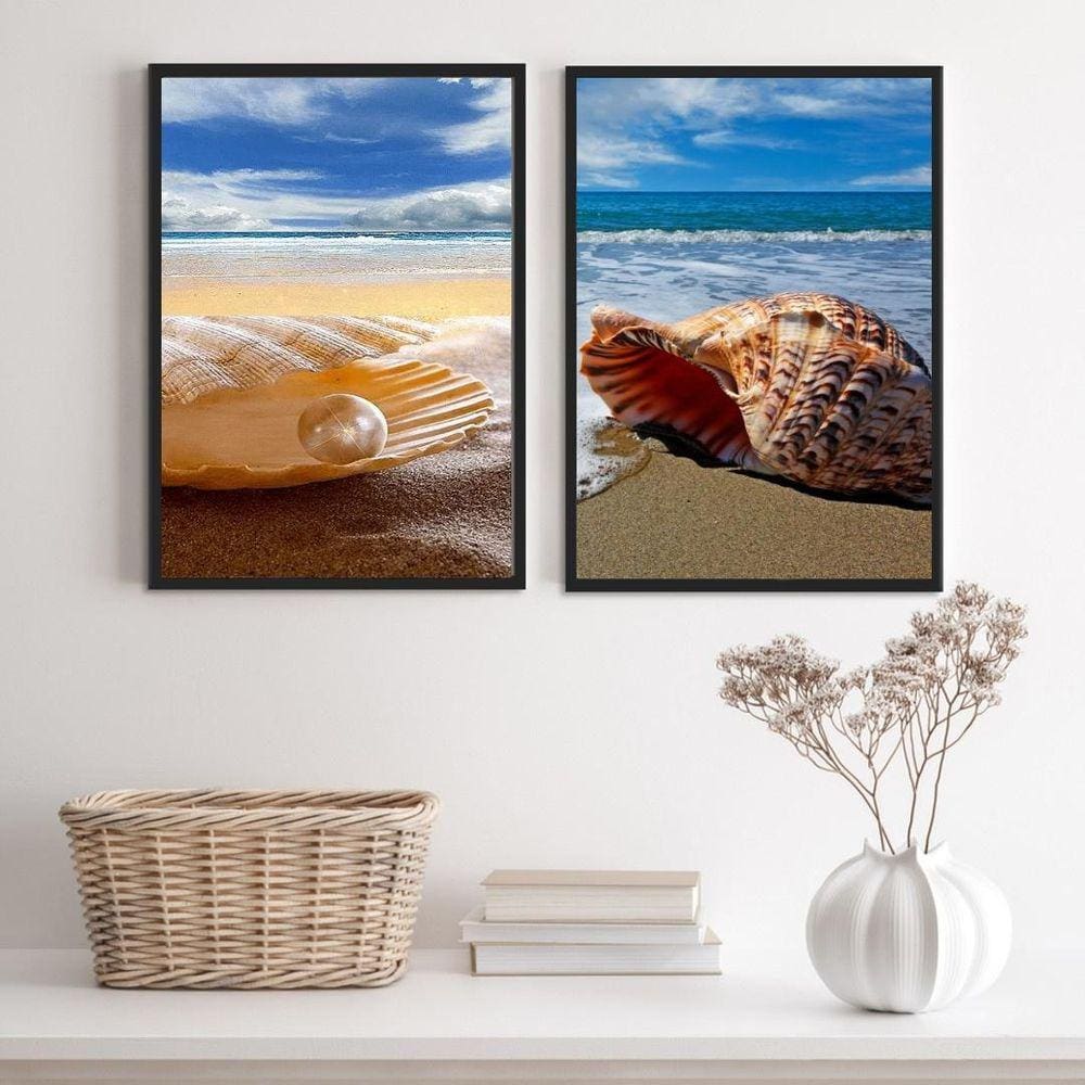 Kit 2 Quadros Praia Mar Conchas 45x34cm Madeira Branca