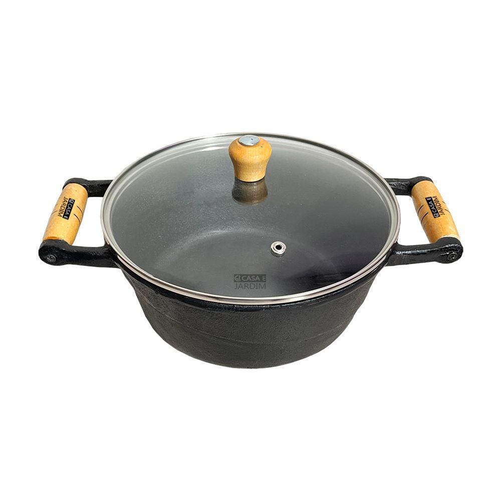 Panela Caçarola De Ferro Alça de Madeira C/ Tampa Vidro 18cm