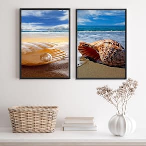 Quadros Fotografias Praia Mar Conchas 33x24cm Moldura Branca