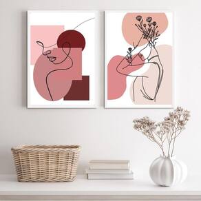 Kit 2 Quadros p/ Quarto Mulher Contorno Rosê 45x34cm - Vidro