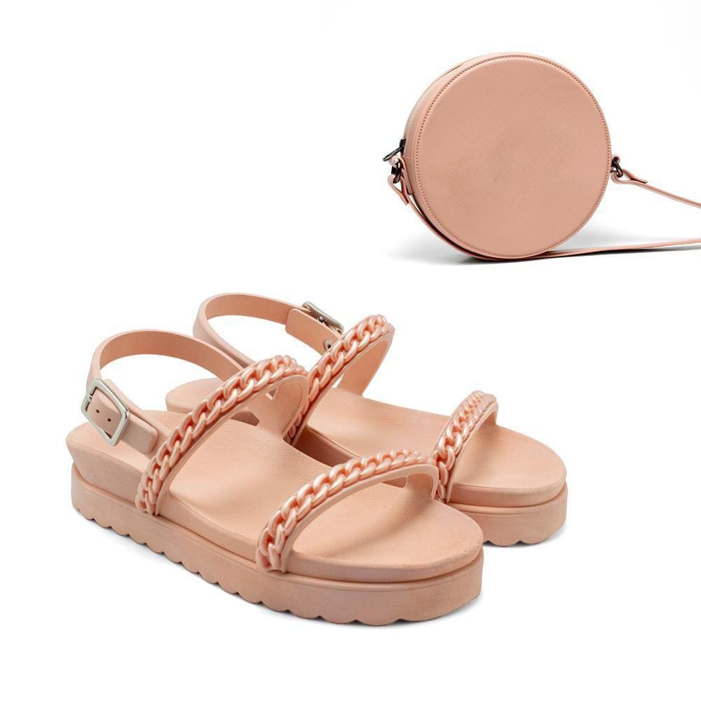 Sandália Feminina Papete Fivela Corrente + Bolsa Mini Bag