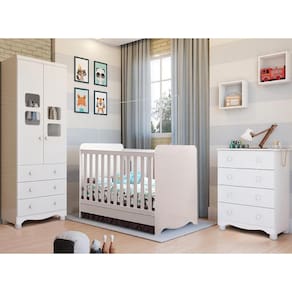 Quarto de Bebê Completo Berço Americano Ben 3 Em 1 Cômoda Júnior Simples 4 Gavetas Guarda Roupa Uli 2 Portas 3 Gavetas Branco Carvalho 100% MDF Móveis