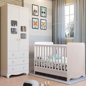 Quarto de Bebê Completo Berço Americano Ben 3 Em 1 Guarda Roupa Uli 2 Portas 3 Gavetas Branco Carvalho 100% MDF Móveis Peroba