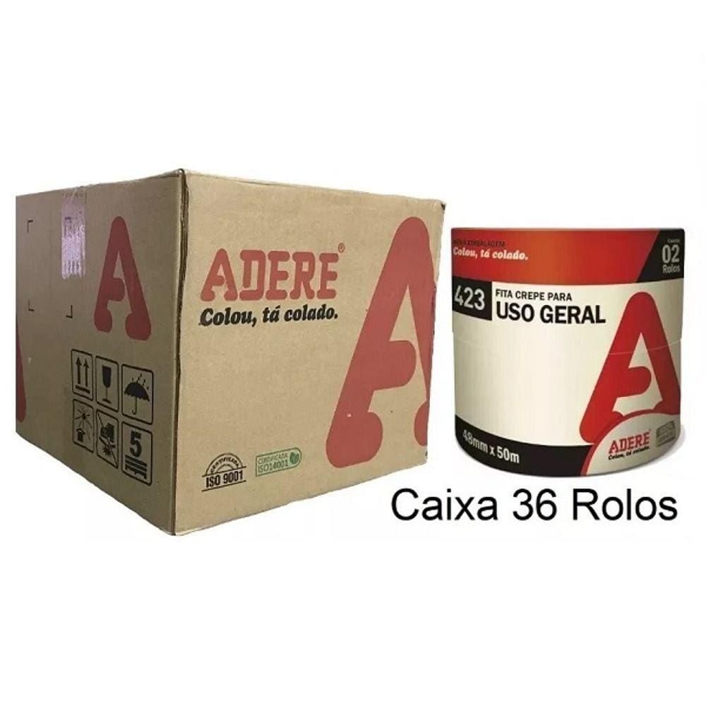 Caixa com 36 Fitas Crepe Larga USO Geral e Pintura 48MM X 50M Adere
