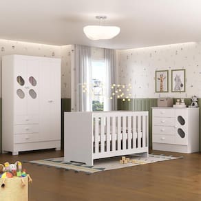 Quarto de Bebê Completo Guarda Roupa 4 Portas 3 Gavetas com Cômoda e Berço Hera Branco Branco