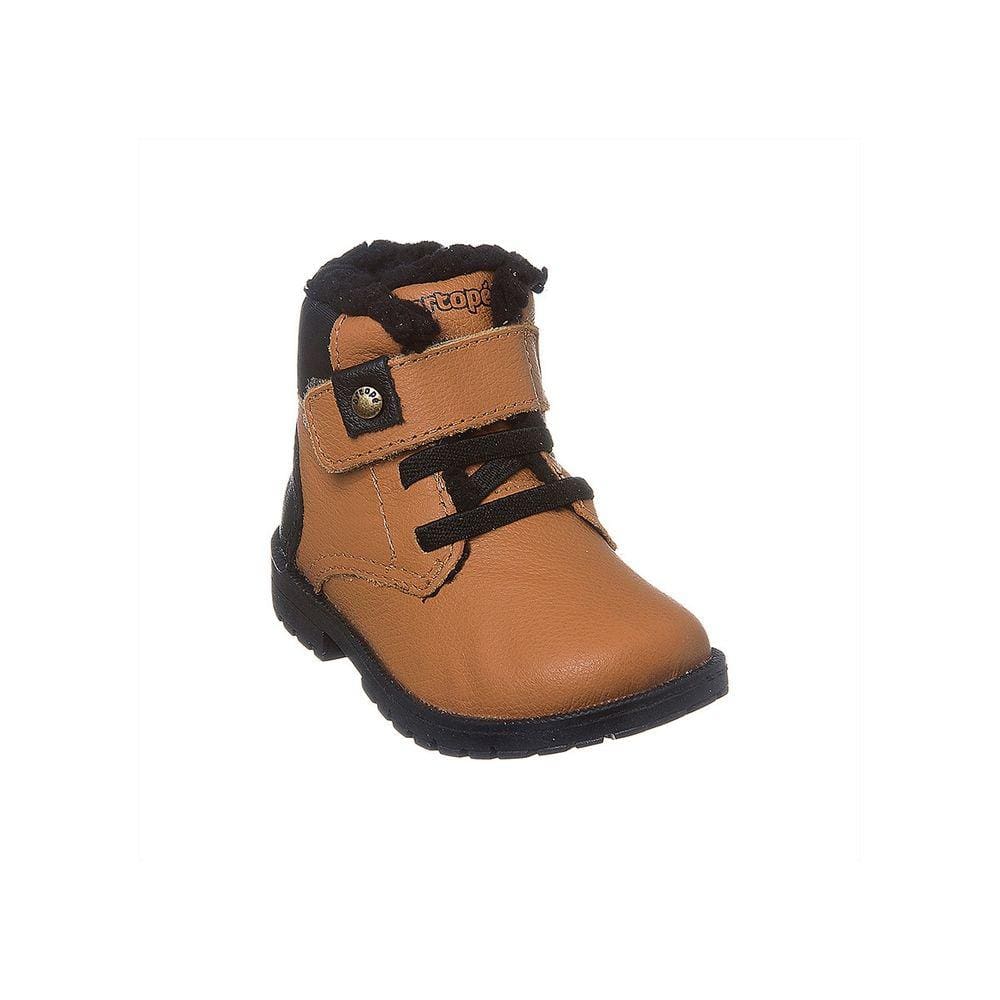 Bota Coturno Infantil Masculina Ortopé Baby Boot Couro com Lã Caramelo e Preta