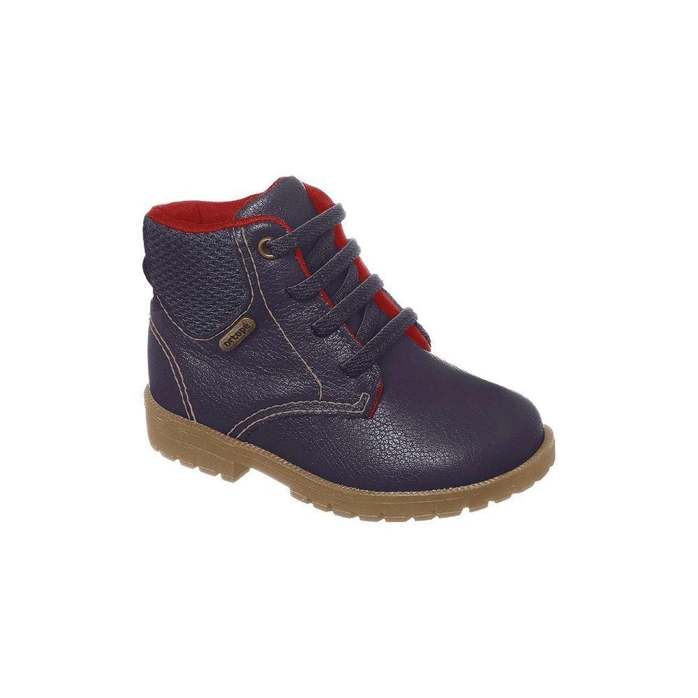 Bota Coturno Infantil Masculina Ortopé Baby Boot Couro com Detalhe Tecido Marinho