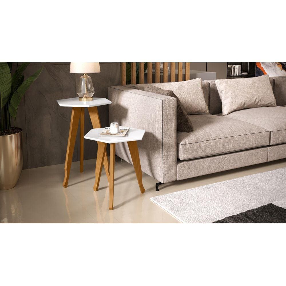 Jogo 2 mesas Sala Estilo Retrô Pés de Madeira , lateral e apoio cor Branco - Comprar Moveis Em Casa