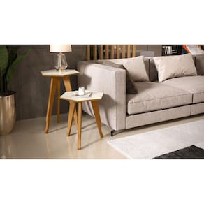 Kit 2 mesas lateral e apoio Sala Retrô Pés de Madeira Decor cor Off white com Freijo - Comprar Moveis Em Casa