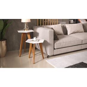 Conjunto 2 mesas sala retrô pés madeira, lateral e apoio florença cor off white - Comprar Moveis Em Casa