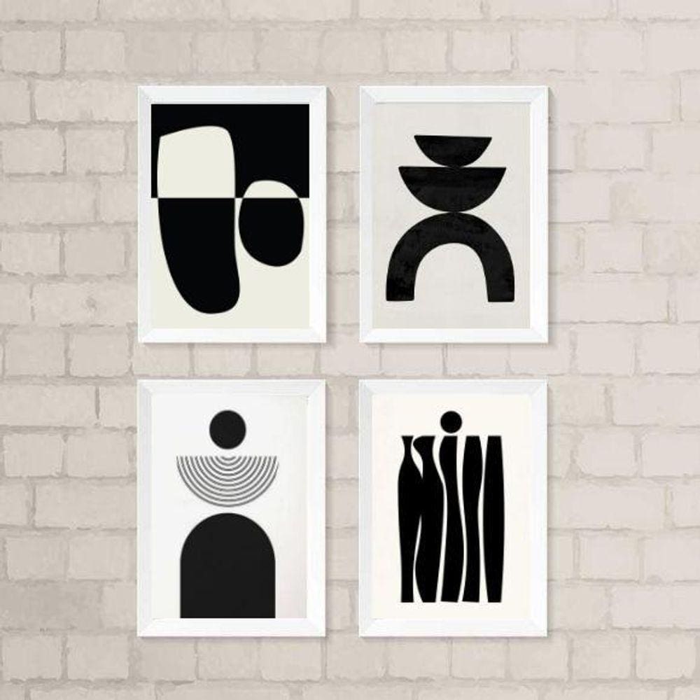 Kit 4 Quadros Minimalistas Abstratos Preto 24x18cm