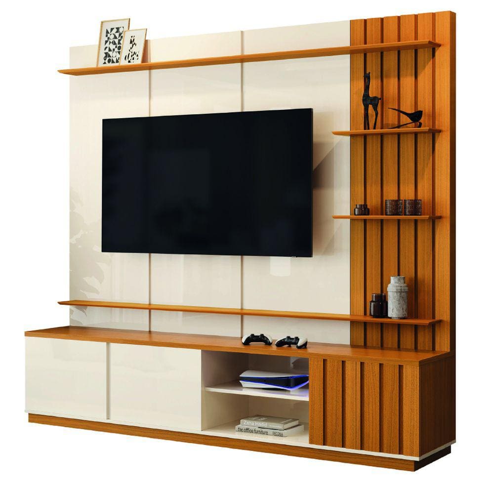 Estante Home Teather para TV até 75 Polegadas 3 Portas 2,18m Ripado Cedro/Off White Reno EDN
