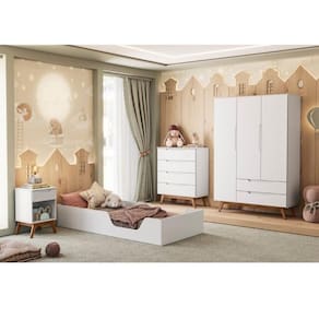 Quarto de Bebê Montessoriano Completo com Cama,  Cômoda, Guarda roupa e mesa de cabeceira  Retrô Sonhare Branco