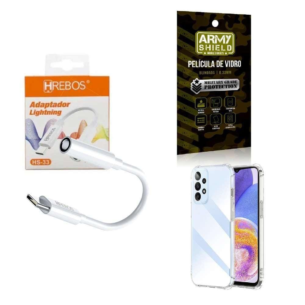 Capa Samsung A23 5G + Adaptador P2 Para Tipo C + Película 3D