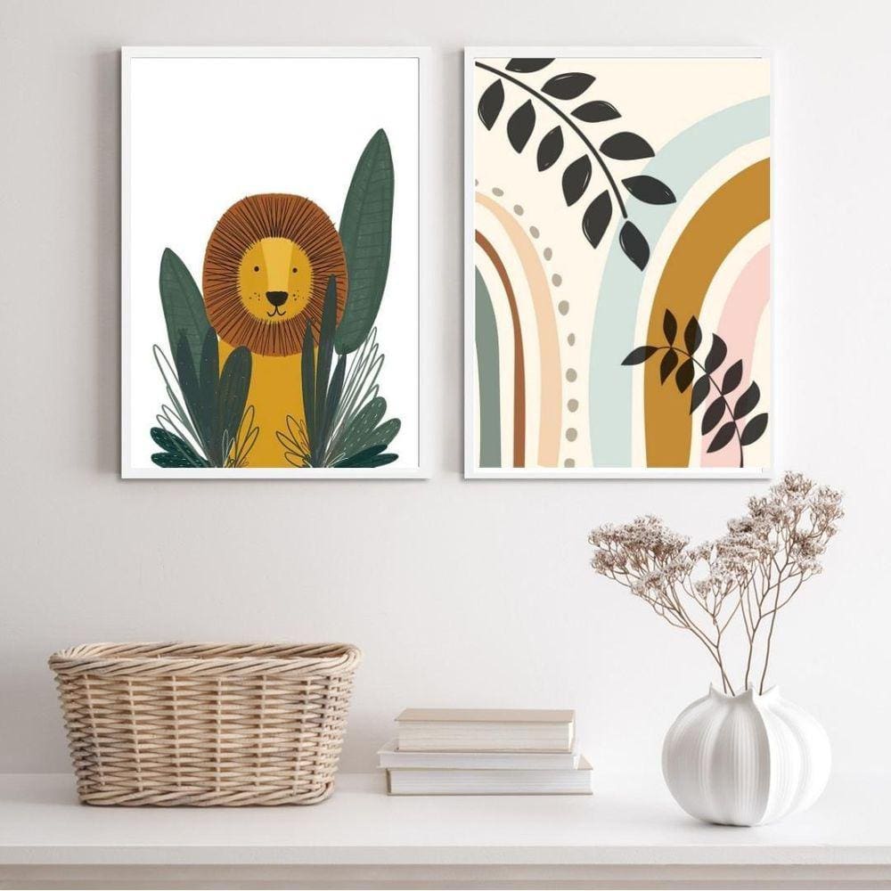 Kit 2 Quadros Infantis Safari Soft 33x24cm - Moldura Branca