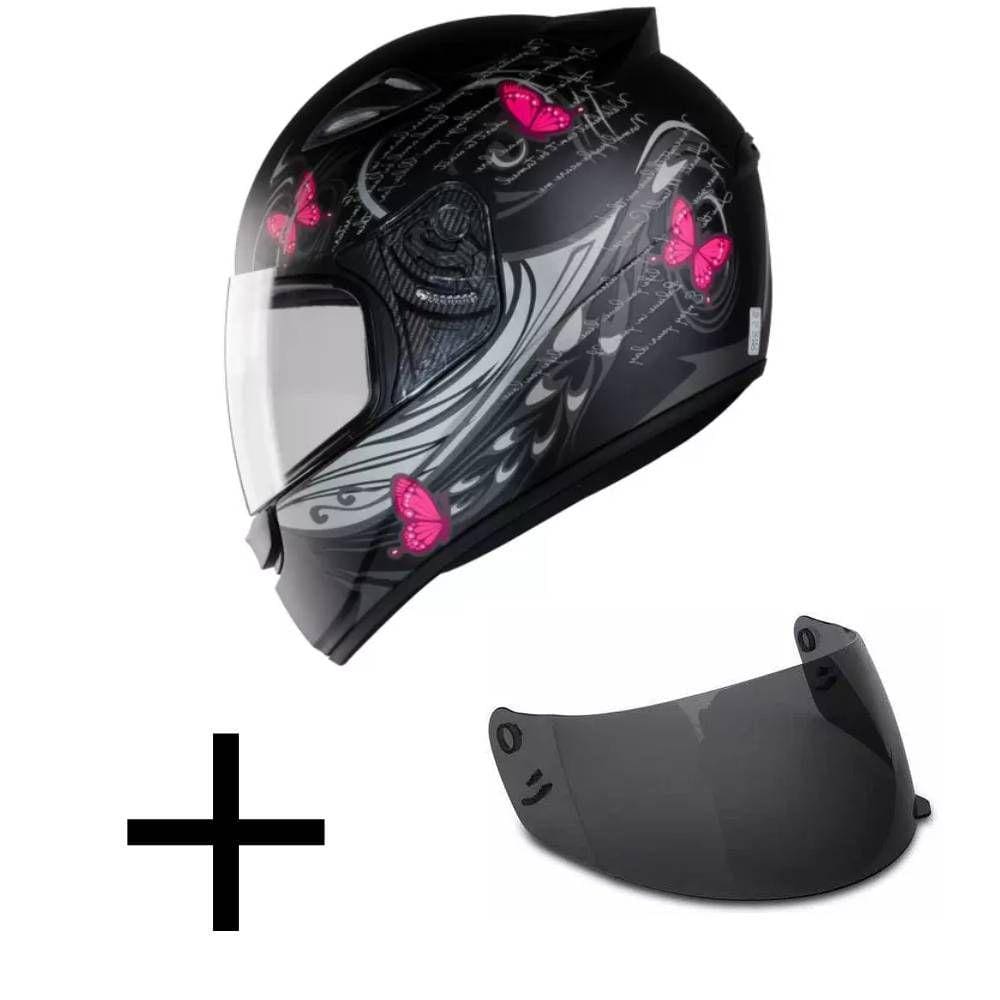 Capacete Ebf New Spark Borboleta Preto e Rosa Fosco Mais Viseira Fumê