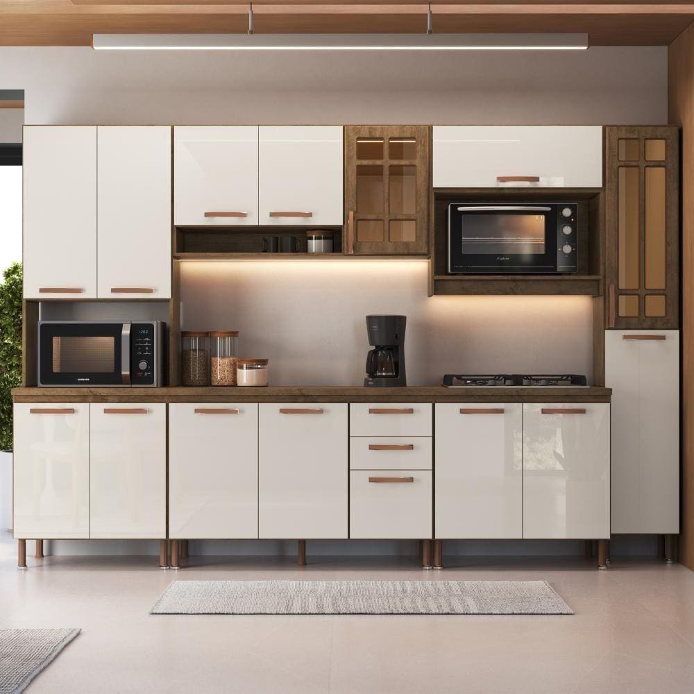 Cozinha completa sophie viena modulada 6 peças 295 cm 15 portas 3 gavetas  com tampo branco