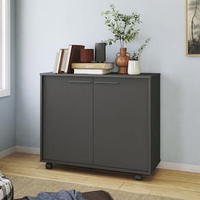 Balcão Multiuso 2 Portas 2 Prateleiras com Rodízios MDP 12mm Preto