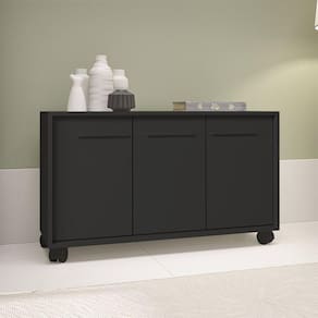 Balcão Multiuso 3 Portas 1 Prateleira com Rodízios MDP 12mm Preto