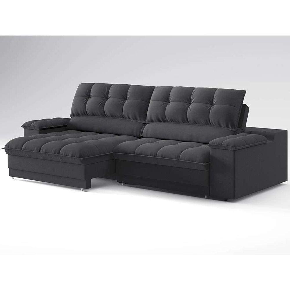 sofá 3 lugares retrátil e reclinável helen com usb e porta-copos linho grafite 210 cm