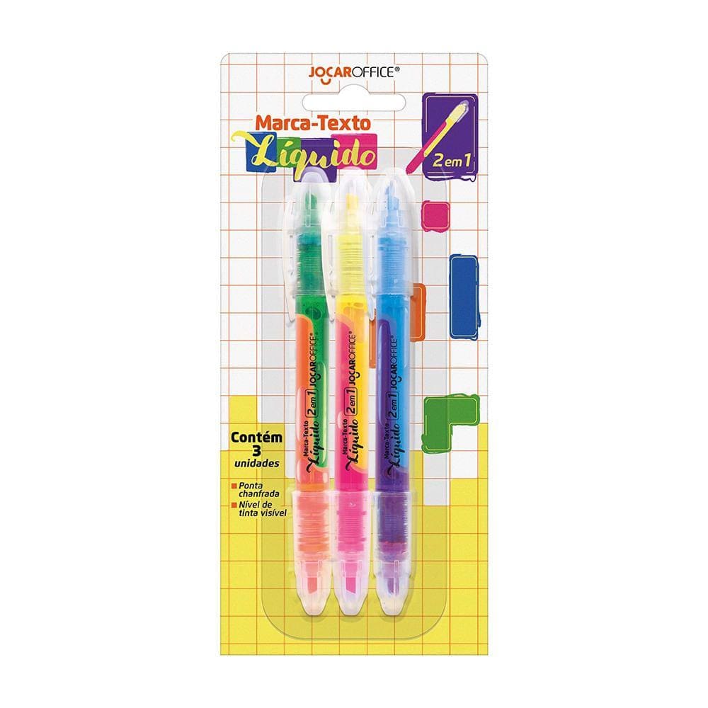 Marca-Texto Líquido Jocar Office 2 em 1 com 3 Unidades