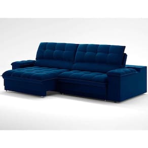 sofá 3 lugares retrátil e reclinável helen com usb e porta-copos veludo azul marinho 230 cm