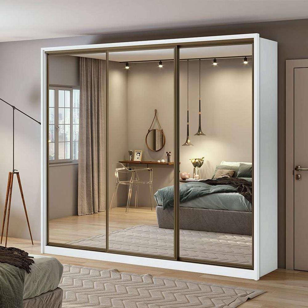 guarda-roupa casal com 3 espelhos spazio 3 pt 6 gv branco 270 cm