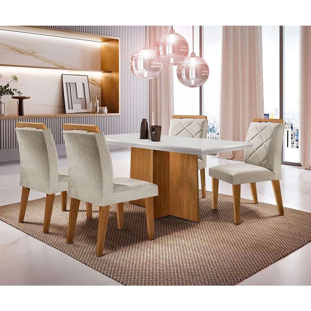 conjunto de mesa de jantar retangular com tampo off white ane e 4 cadeiras bélgica veludo creme e imbuia
