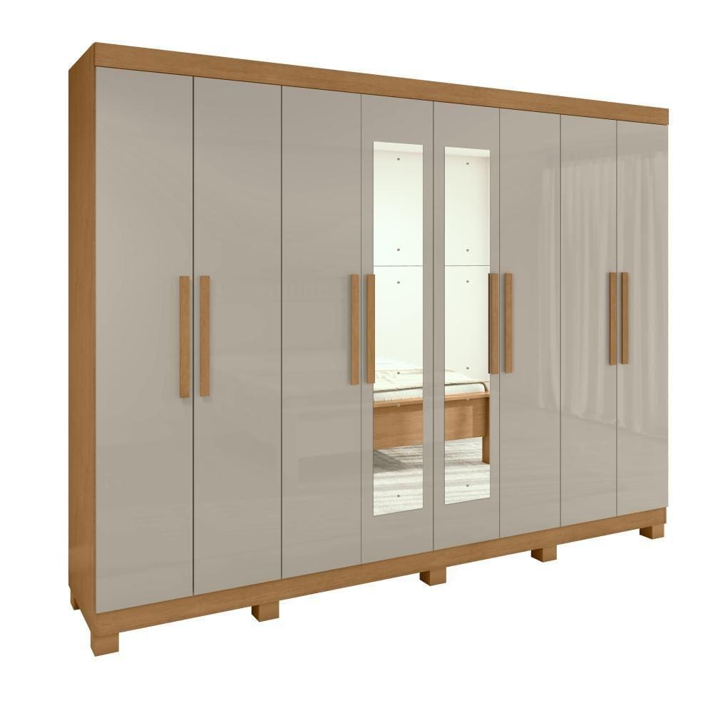 Guarda-roupa Casal Easy Slim 8 Portas Com Espelho e Pés Amendoa Clean/Off White