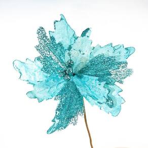 Flor Decoração De Natal Artificial Glitter Azul 30cm