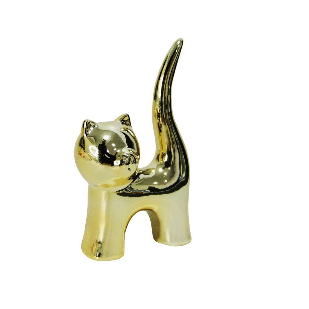 Enfeite Estatueta Gato Perfil Porcelana Metalizado Dourado