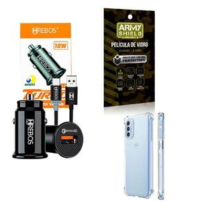 Kit Carregador Veicular + Capinha Motorola G52 + Película 3D