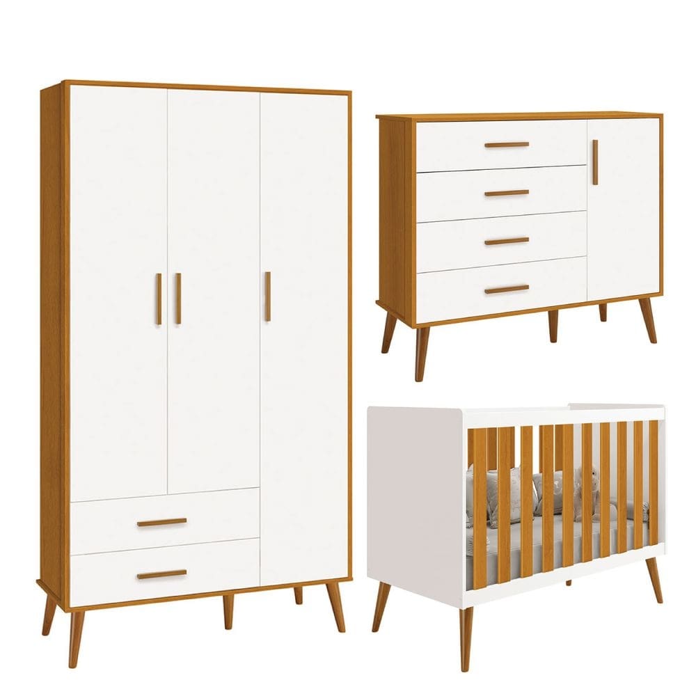 Quarto Isis Berço Americano 2 em 1 + Comoda Sapateira + Guarda Roupa Isis Retrô 3 Portas 2 Gavetas Branco Fosco/ Savana Fosco - Reller