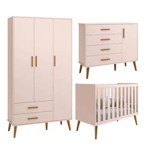 Quarto Isis Berço Americano 2 em 1 + Comoda Sapateira + Guarda Roupa Isis Retrô 3 Portas 2 Gavetas Rosa Fosco - Reller